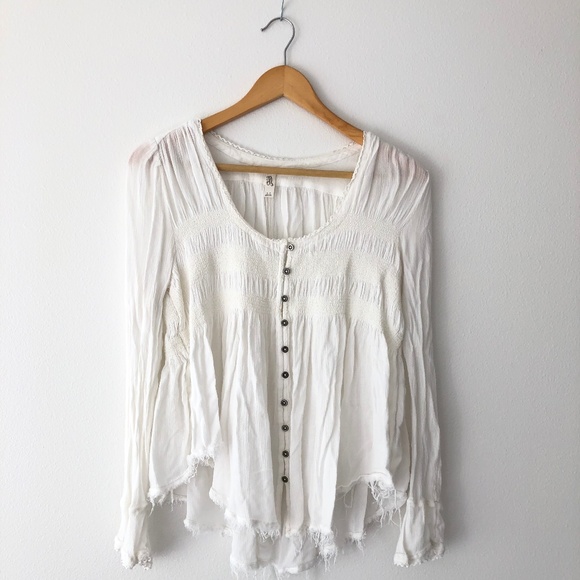 Free People Blue Bird Smocked Top Ivory S - Picture 2 of 5